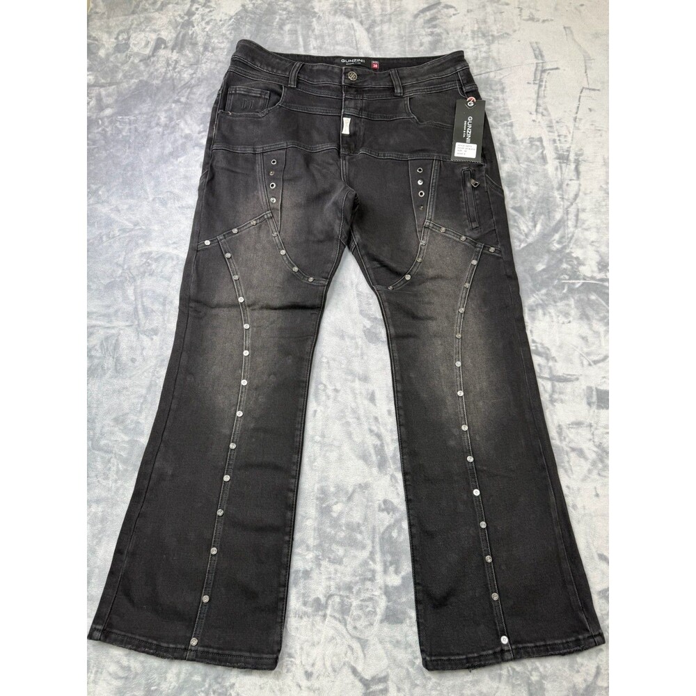 GUNZINII DENIM JEANS 38"  X 32" FLARE JEANS WITH STUDS RIVETS THE METAL HOLES 🔥